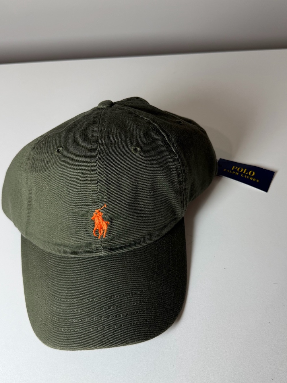 NWT Polo Ralph Lauren Olive Green Baseball Cap with Orange Pony Logo Unisex